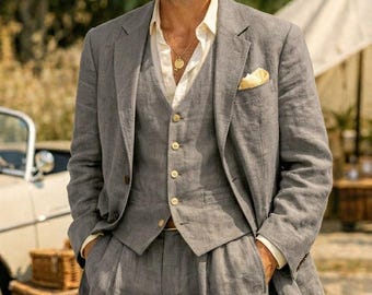 Men's Grey Linen 3-Piece Suit – Summer Wedding Groom Attire, 1920s Gatsby Style