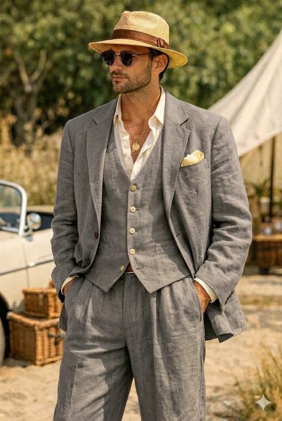 Men's Grey Linen 3-Piece Suit – Summer Wedding Groom Attire, 1920s Gatsby Style