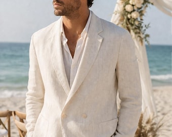 Men’s Linen Wedding Suit Double Breasted Beach Wedding Outfit Vintage Style Lightweight Summer Suit