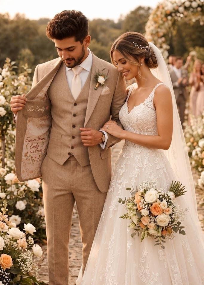 Men's Beige Linen Wedding Suit - Custom Embroidered Lining, Groom Attire