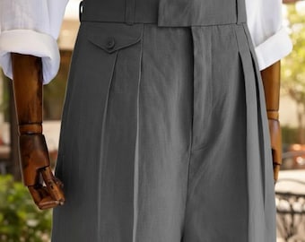 1940s Style Linen Trousers - High Waist Double Pleated Mens Pants