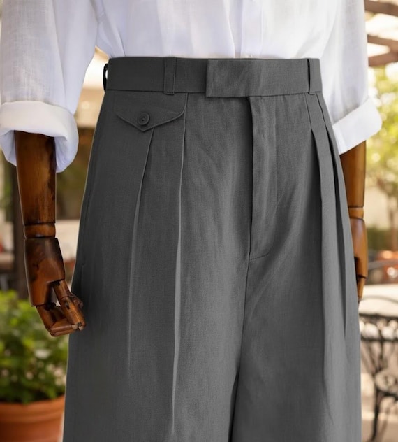 パンツ 40s vintage linen slacks 1940s Style Linen Trousers - High Waist Double Pleated Mens Pants