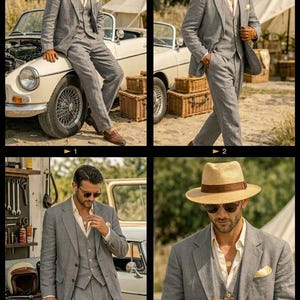 Men's Grey Linen 3-Piece Suit – Summer Wedding Groom Attire, 1920s Gatsby Style image 2