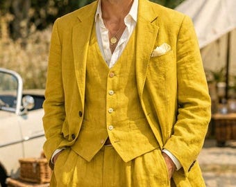 Men's 4-Piece Avocado Linen Suit – Slim Fit Wedding Attire, Summer Beach Style