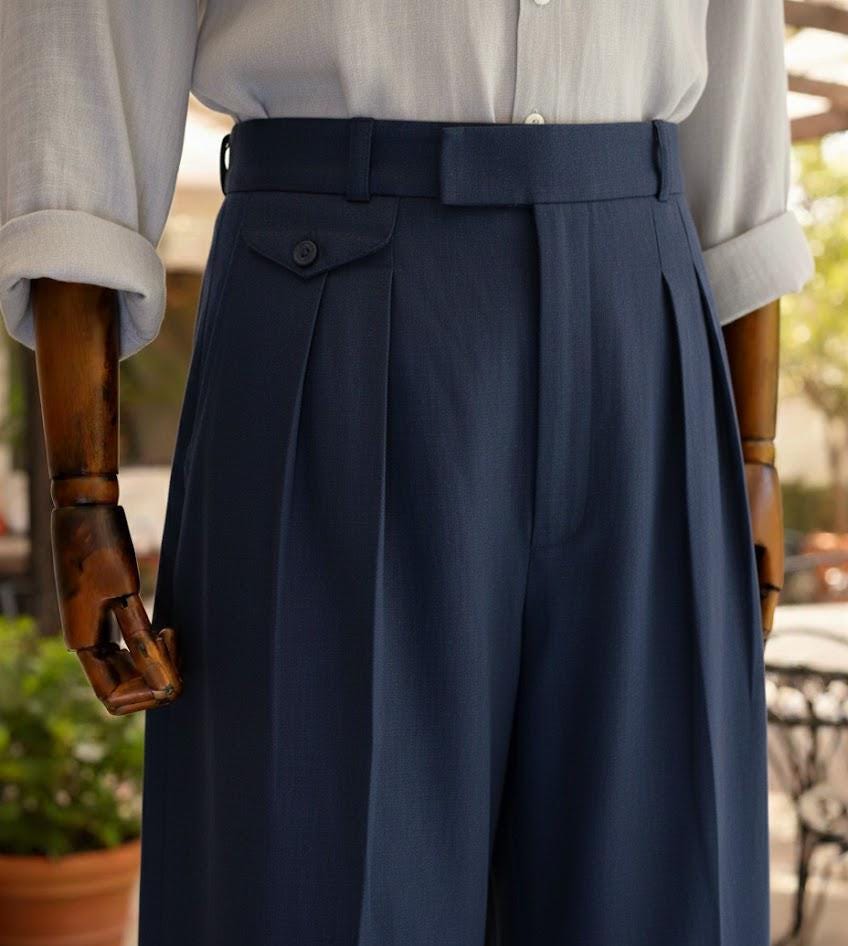 1940s Style Linen Trousers - High Waist Double Pleated Mens Pants