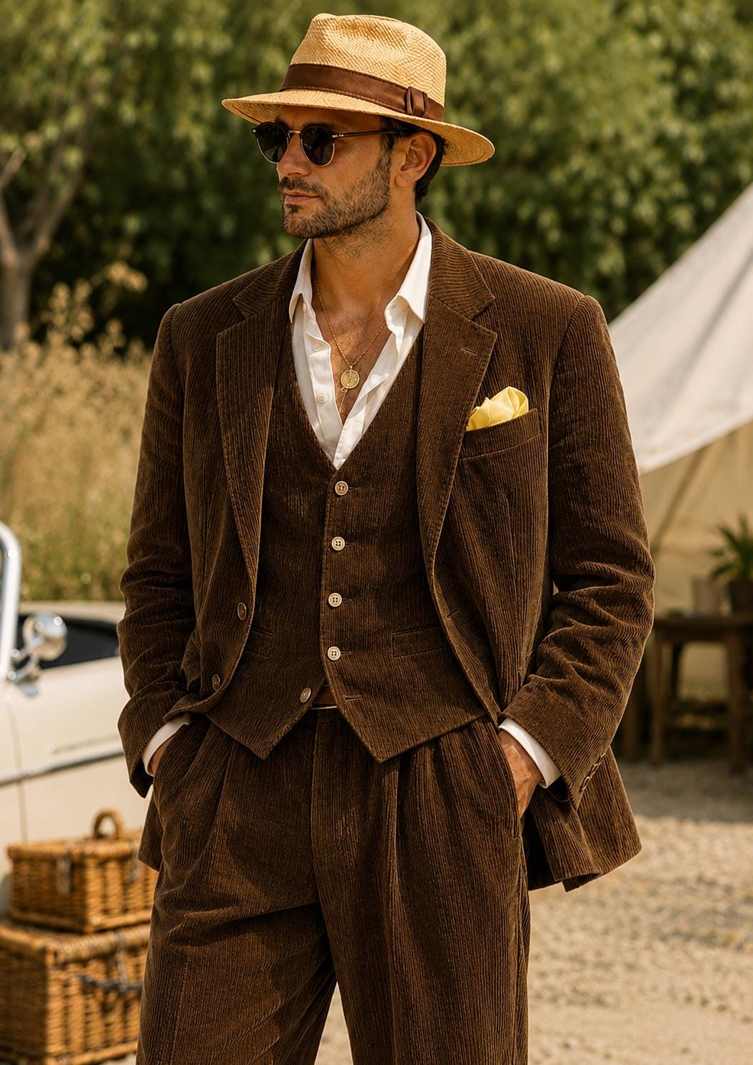 Brown Cotton Corduroy 3-Piece Suit Vintage Groom Attire, Rustic Wedding Style