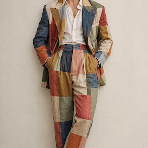 Puede incluir: Un traje de patchwork multicolor compuesto por una chaqueta y un pantalón a juego. El traje presenta cuadrados de diferentes colores, incluyendo azul, rojo y beige. Se lleva una camisa blanca debajo.