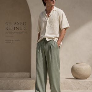 Sage Green Linen Trousers, Men's Wide Leg Korean Fit Pants