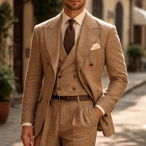 Dwurzędowy garnitur lniany w stylu vintage | Letni strój ślubny dla dżentelmena w stylu retro