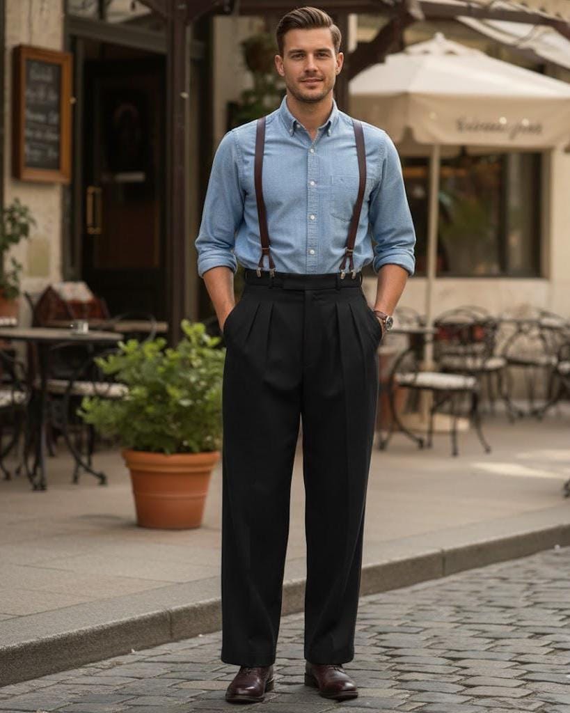 1950s Style Black Cotton Pleated Trousers – High Rise Tailored