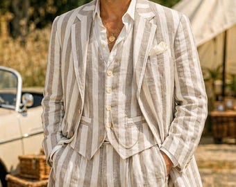 Vintage Striped Linen Suit Men | 3 Piece Summer Wedding Suit | Beige White Linen Blazer Vest Trouser Set | Boho Groom Outfit
