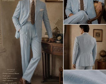 Sky Blue Linen Double Breasted Suit, Vintage Groom Wedding Attire, 3 Piece Tailored Fit