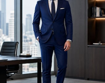 Terno masculino azul royal 100% lã fina, terno de negócios premium, corte americano moderno, terno de luxo para escritório e casamento, terno formal sob medida