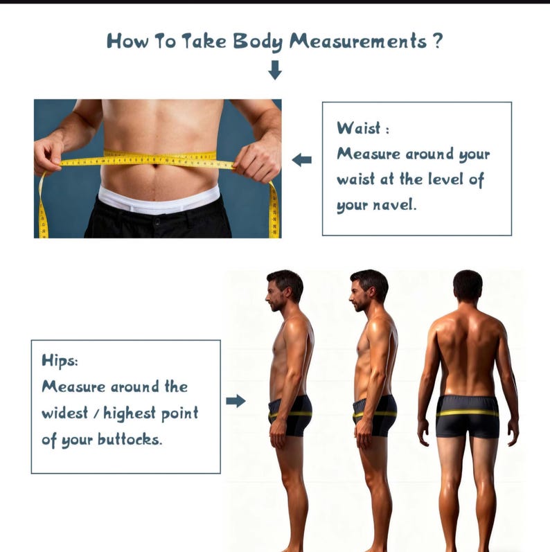 May include: Diagram illustrating how to take body measurements. Text explains how to measure waist and hips. Includes images of a person measuring their waist and hips. Measurements are in centimetres.