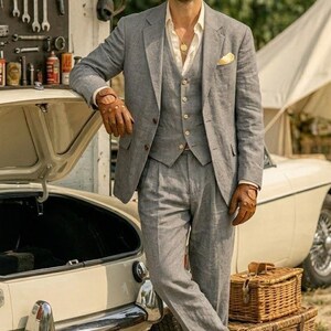 Men's Grey Linen 3-Piece Suit – Summer Wedding Groom Attire, 1920s Gatsby Style image 3