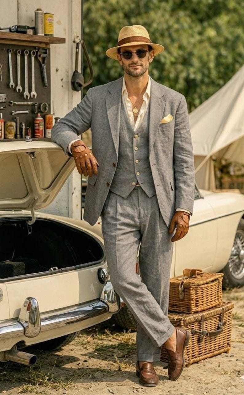 Men's Grey Linen 3-Piece Suit – Summer Wedding Groom Attire, 1920s Gatsby Style image 3