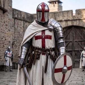 Puede incluir: Una armadura que incluye un casco plateado con una cruz roja, una sobreveste blanca con una cruz roja, una cota de malla, hombreras y guanteletes de metal. El conjunto cuenta con una capa blanca larga, una espada y un escudo redondo.