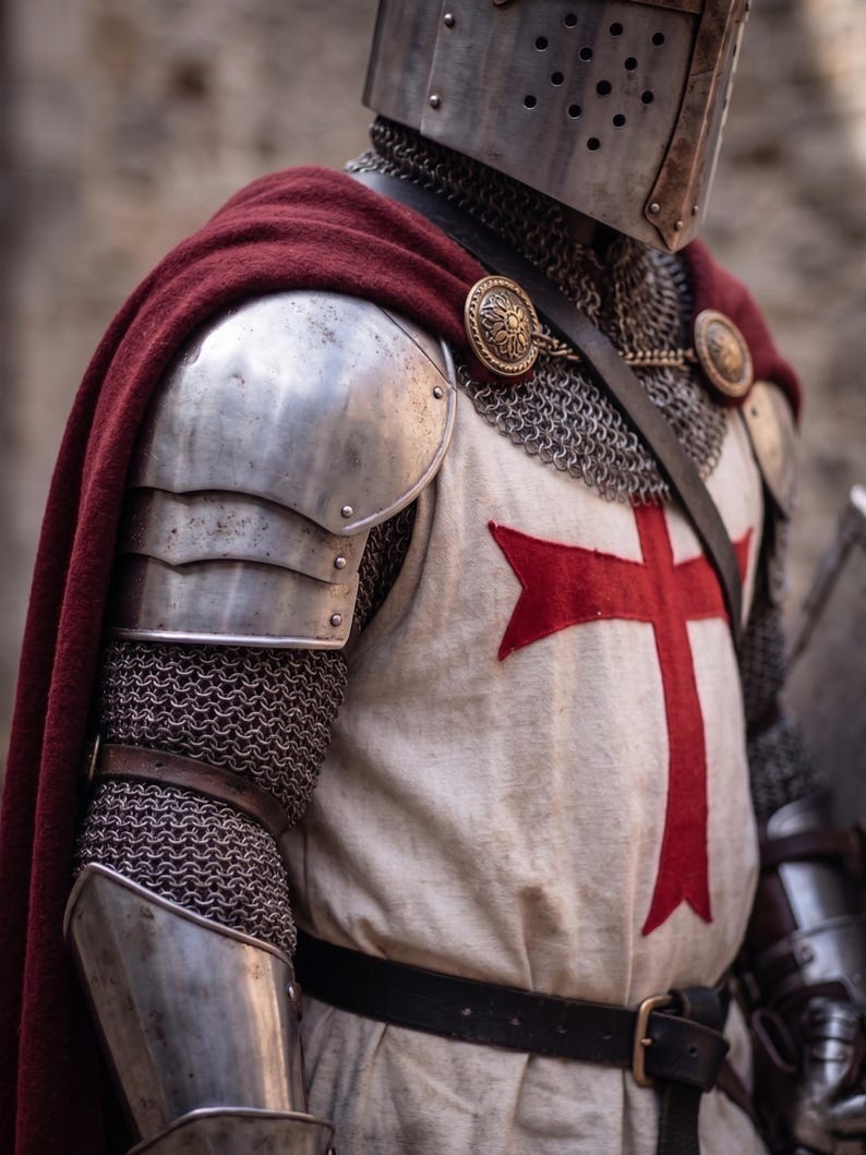 May include: A medieval knight in full armor, including a helmet, chainmail, and plate armor. A red cape is draped over the shoulders. The knight's tunic features a large red cross. The image is a close-up, focusing on the upper body.