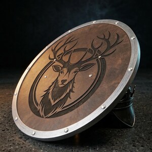 May include: A round, brown shield with a silver trim and rivets. The shield features a detailed engraving of a stag's head within an oval frame. The shield is propped up on a dark surface.