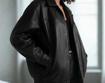 Oversized Black Leather Jacket | Women's Vintage Streetwear Coat