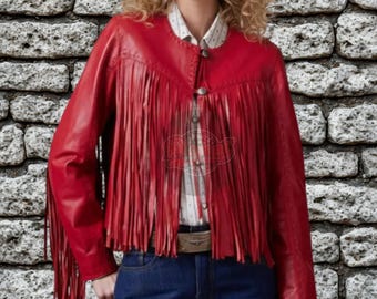 Red Leather Fringe Jacket | Western Cowgirl Boho Coat