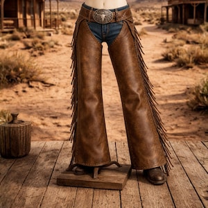 May include: Brown leather chaps with long fringe detailing. The chaps are worn over blue jeans and a brown leather belt with a silver bull buckle. The chaps are displayed on a wooden stand, with a rustic western background.