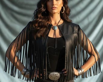 Schwarze Lederfransenweste für Damen | Ärmellose Cowgirl Jacke