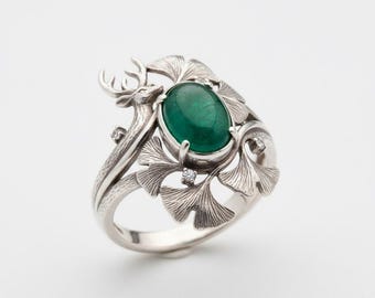 Anello con foglia di ginkgo e pietra ovale verde, anello vistoso in argento