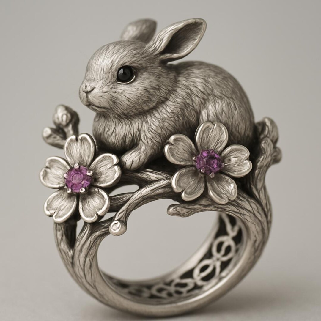 Sterling Silver Bunny Ring With Flowers & Purple Stones | Rabbit Nature ...