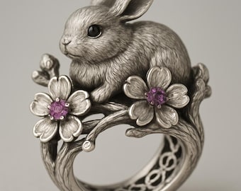 Anello coniglietto in argento sterling con fiori e pietre viola / Anello con coniglio naturale, grazioso regalo di gioielli con animali per lei