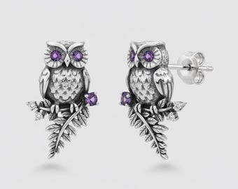 Owl Stud Earrings Silver Purple Stone Bird Branch Nature Earrings