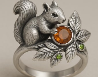 Squirrel Ring Silver Animal Leaf Ring with Orange and Green Stone Accent