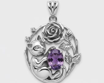 Silver Cat Rose Pendant with Purple Stone Floral Circle Charm