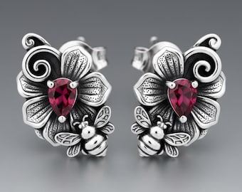 Bee Flower Stud Earrings Silver Red Teardrop Stone Botanical Swirl Post Earrings