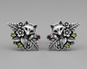 Fox Stud Earrings Silver Woodland Floral Leaf Earrings with Green and Red Stones