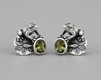 Frog Stud Earrings with Green Stone, Silver Lily Pad Nature Animal Earrings