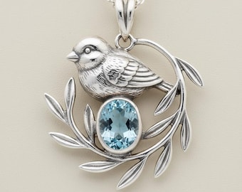 Silver Bird Pendant Necklace with Blue Gem, Branch Nature Motif Charm