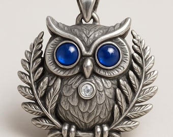 Owl Pendant Necklace Silver Blue Eye Gem Bird Charm Laurel Branch Design