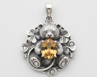 Bear Pendant Necklace Silver Clover Frame Yellow Gem Animal Charm