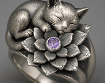 Sterling Silver Cat & Lotus Flower Ring with Purple Stone | 3D Sleeping Cat Statement Ring | Unique Cat Lover Jewelry