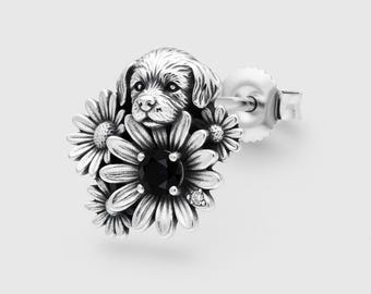 Silver Flower Stud Earrings with Black Stone Cluster Floral Post Earrings