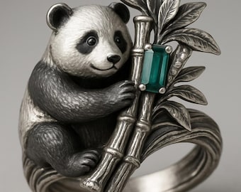 Sterling Silver Panda Bamboo Ring with Green Stone | Animal Statement Nature Ring | Cute Wildlife Jewelry Gift for Her