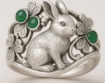 Rabbit Ring Silver Green Stone Floral Nature Animal Statement Band