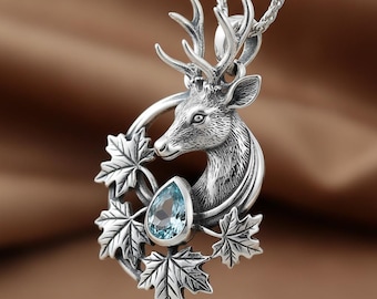 Deer Pendant Necklace Silver Stag Antler Blue Teardrop Stone Leaf Circle Charm