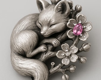 Sterling Silver Fox Brooch with Cherry Blossom & Pink Stone | Cute Kitsune Animal Pin | Sakura Floral Jewelry Gift for Her
