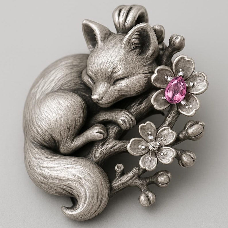 Stone Fox Setting Sterling Silver Fox Brooch Cherry Blossom Pink Stone | Kitsune Animal ...