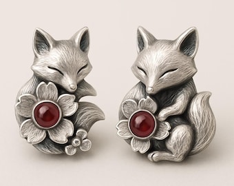 Fox Stud Earrings Silver Flower Design with Red Gem Accent Animal Jewelry