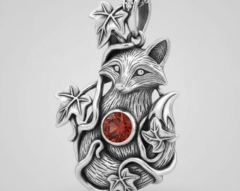Collana con ciondolo a forma di volpe, argento, cristallo rosso, foglia d'edera, gioiello a tema animale