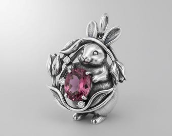 Rabbit Pendant Silver Pink Gemstone Floral Animal Charm Necklace