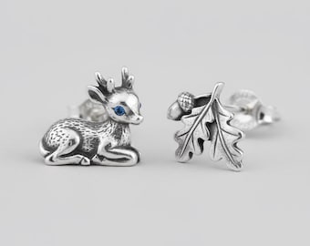 Deer and Oak Leaf Stud Earrings Silver Animal Woodland Mismatched Earrings